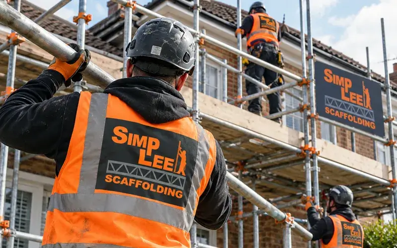 Simp Lee scaffolders working on a scaffold installation at dusk
